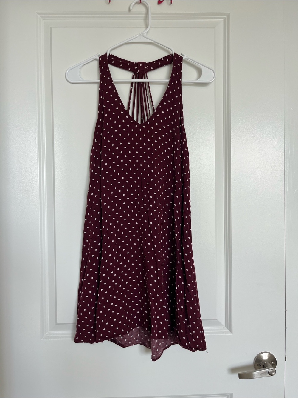 American Eagle Outfitters Burgundy Polka Dot Strappy Back Mini Dress